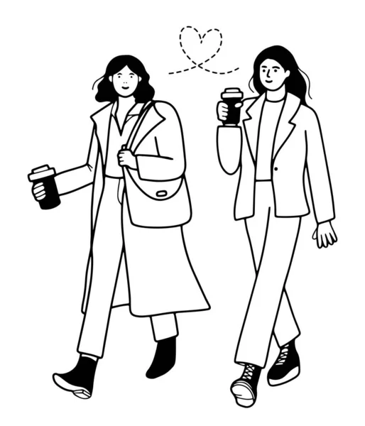 Pareja Chicas Dibujadas Mano Caminando Juntas Tomando Café Ilustración Vectorial — Vector de stock