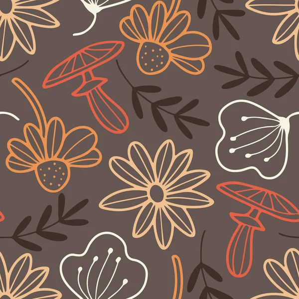 Handgezeichnetes Vektor Nahtloses Muster Mit Saisonalen Blumen Und Pilzen Doodle — Stockvektor