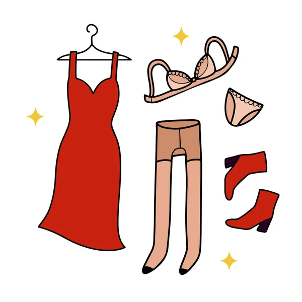 Vêtements Garde Robe Femme Dessinés Main Illustration Vectorielle Isolée Dans — Image vectorielle