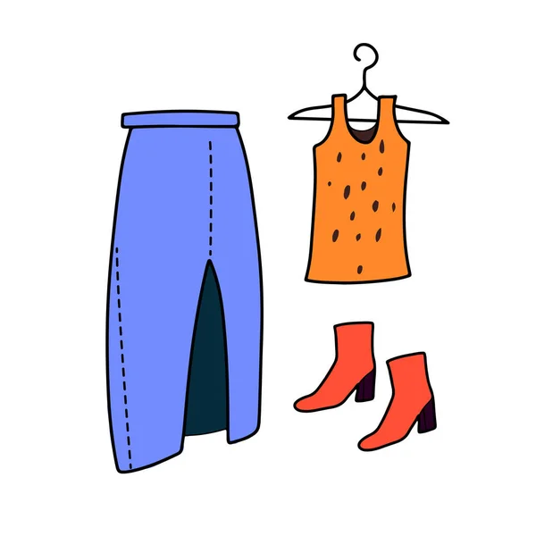Handgezeichnete Niedliche Lässige Outfit Für Dame Oder Groovy Festival Kleidung — Stockvektor