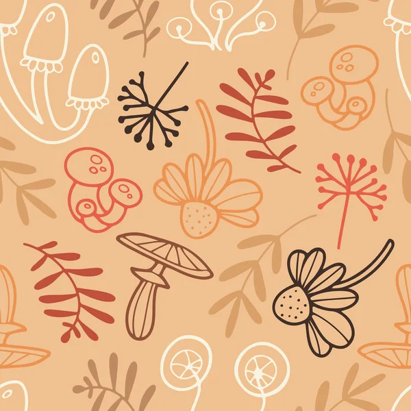 Handgezeichnete Vektor Nahtlose Muster Mit Wilden Pilzen Und Blumen — Stockvektor