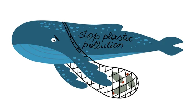 用塑料瓶把悲伤的蓝鲸塞入渔网 破坏环境的概念 孤立的矢量说明 — 图库矢量图片