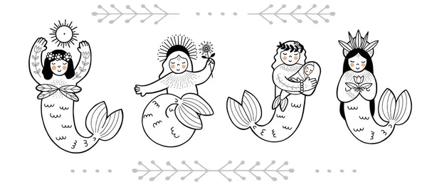 Zestaw Cute Syreny Stylu Folklorystycznym Linii Doodle Design Izolowane Wektor — Wektor stockowy