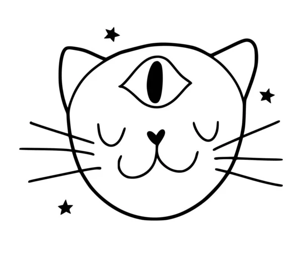 Gato Engraçado Desenhado Mão Com Terceiro Olho Testa Isolado Ilustração — Vetor de Stock