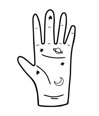 Gezegenleri ve hilal ayı olan el çizimi insan palmiyesi, gelecek çizgileri tahmin etmek, beyaz arkaplan ile izole edilmiş çizgi vektör çizimi