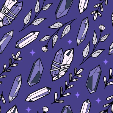 Sihirli bitkiler ve kristallerle elle çizilmiş kusursuz bir desen.