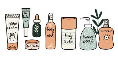 Güzellik kozmetik ürünleri. Tasarımda şirin, beyaz arka planda izole edilmiş vektör çizimi.. 