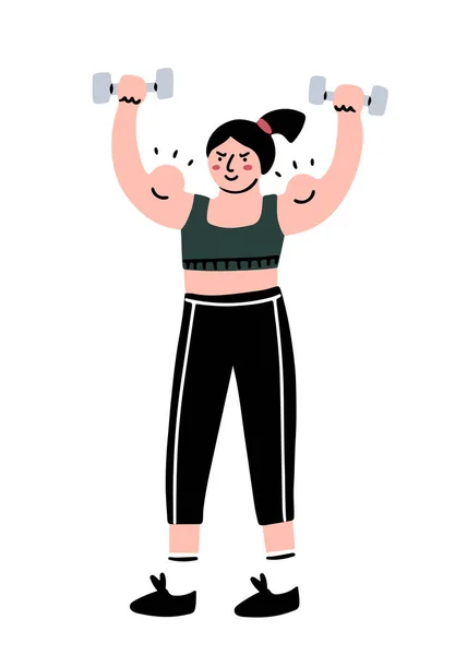 Hand Drawn Strong Girl Holding Dumbbells Showing Muscles Isolated Vector — Stock Vector