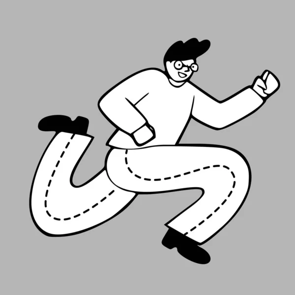Hand Drawn Doodle Running Man Programmer Developer Jeans Outline Style — Stock Vector