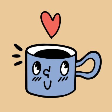 El çizimi, kahve ya da çay ile retro karikatür tasarımı, izole edilmiş vektör çizimi tarzı.