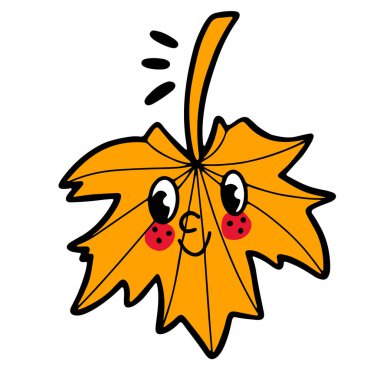 Gülümseyen yüzlü şirin akçaağaç yaprağı, retro çizgi film tasarımında el çizimi, kontür biçiminde izole edilmiş vektör çizimi