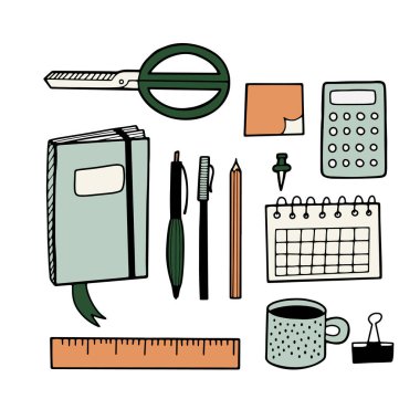 El çizimi ofis aksesuarları ana hatlı karalama tasarımı, beyaz arkaplan vektör illüstrasyon seti izole 