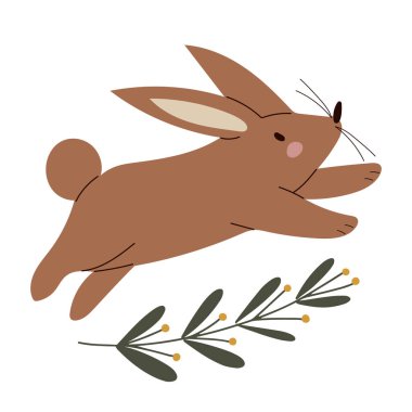 Sevimli zıplayan kahverengi tavşan, izole edilmiş el çizimi vektör çizimi