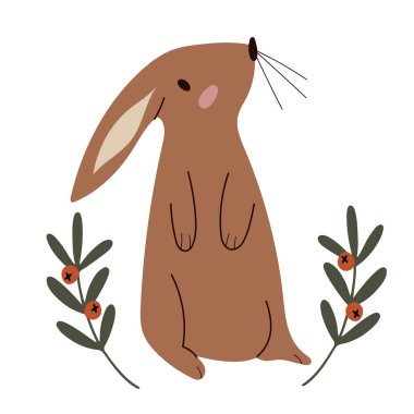 Arka bacaklarının üzerinde oturan sevimli tavşan, el çizimi yalıtılmış vektör çizimi