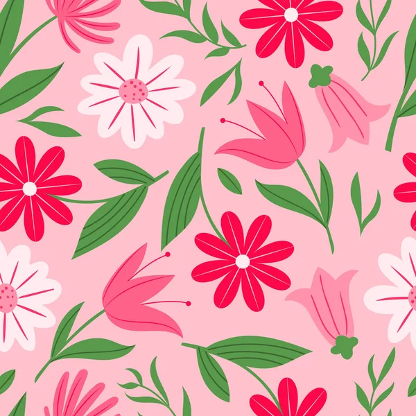 Симпатичные Девчачьи Векторные Бесшовные Узоры Розовые Цветы Летние Весенние Дикие — стоковый вектор