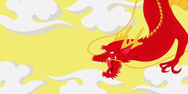 Pankart şablonu ya da sarı arka planda geleneksel Asya ejderhası ile bulutların süslendiği bir davetiye. El çizimi vektör illüstrasyonu