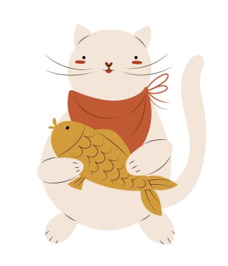 Japon balığı şeklinde kurabiye taşıyan sevimli kedicik Taiyaki, izole edilmiş vektör çizimi.