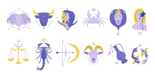Zodiac işaretleri ve sembollerinin toplanması, düz tasarım yıldız falı çizimi