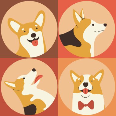 Kart veya daire simgeleri veya sevimli Galce Corgi ile geometrik dikişsiz desen, el çizimi vektör illüstrasyonu