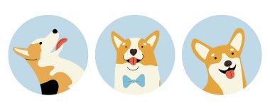 Sevimli Corgi köpekleriyle daire şeklinde simgeler, düz dizayn ile elle çizilmiş vektör çizimi