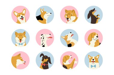 Farklı köpek portreleri, dachshund, Shiba Inu, Corgi, Dalmaçyalı ve Beagle gibi daire şeklinde simgelerle kurulmuş. El çizimi vektör illüstrasyonu
