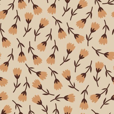 Sevimli, pürüzsüz desenli, bej renkli küçük çiçekler, el çizimi vektör çizimi.