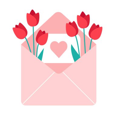 Kırmızı lale çiçekli şirin pembe aşk mektubu, tebrik kartı şablonu, Sevgililer Günü ya da doğum günü kutlaması. İzole vektör illüstrasyonu