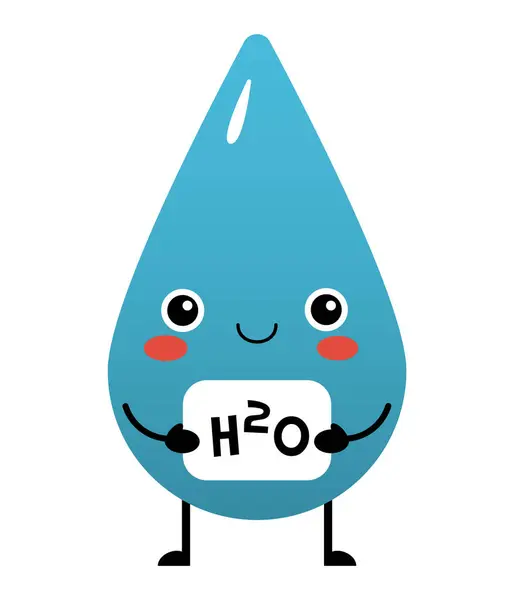 水の化学式のカードを保持する水滴キャラクターをカワイに見える フラットデザインの隔離ベクトルイラスト — ストックベクタ