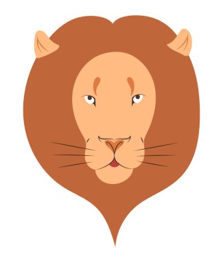 Düz dizaynlı yeleli güzel aslan, hayvan kafasının izole edilmiş vektör çizimi.