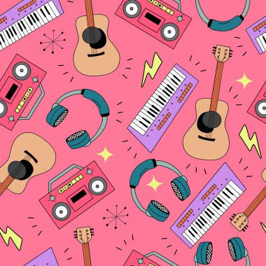 Çizgi film tarzında geçmişe dönük müzik enstrümanları ve pembe arka planda ana hatları çizilmiş vektörsüz desen.
