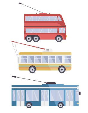 Üç nesil tramvaylar, retro, eski moda ve modern elektrikli araçlar. Düz dizaynda izole vektör çizimleri