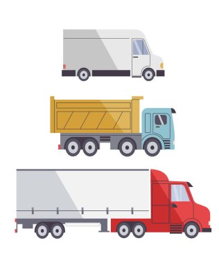 Üç kargo aracı, kamyonet ve bir minibüs ayarlayın. Ticari lojistik otomobiller. Düz dizaynda elle çizilmiş izole vektör çizimi