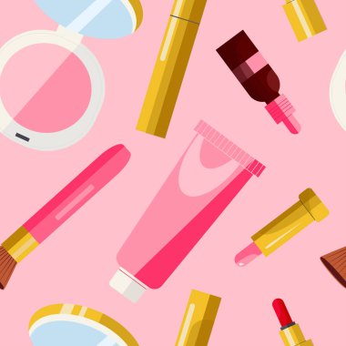 Düz tasarımlı dekoratif kozmetik ve cilt bakım ürünleriyle vektörsüz desen