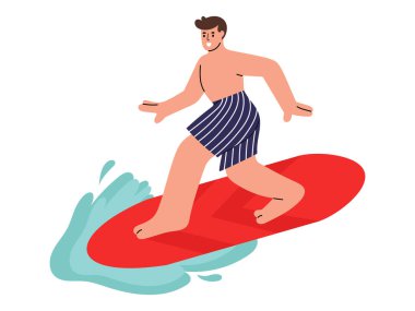 Gülümseyen erkek, güzel bir mayo şort giyerek okyanusta sörf yapıyor. Düz dizaynda el çizimi vektör illüstrasyonuName
