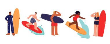Değişik sörf yapan insanlarla dolu. Aşırı su sporları meraklıları. Düz dizaynlı el çizimi vektör çizimleri, beyaz üzerinde izole