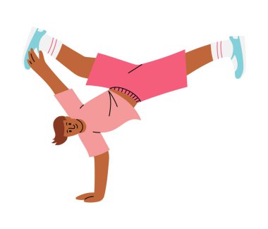 Çeşitli breakdance dansçıları tek elle amuda kalkıp bacaklarını çeviriyor. El çizimi vektör çizimi, beyaz üzerine izole