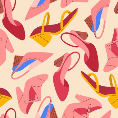 Güzel, kadınsı yaz ayakkabıları ve açık topuklu sandaletleri olan kusursuz bir desen. El çizimi vektör illüstrasyonu