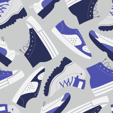Boş zamanlarında rahat ayakkabıları ve ayakkabıları olan kusursuz bir desen. El çizimi vektör illüstrasyonu