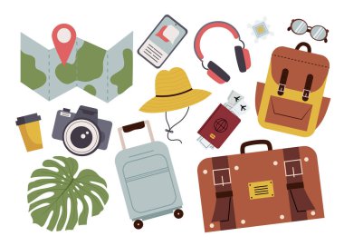 El çizimi seyahat nesneleri, macera turizmi, uçakla seyahat, yaz tatili. Beyaz vektör çizimlerinde izole edilmiş