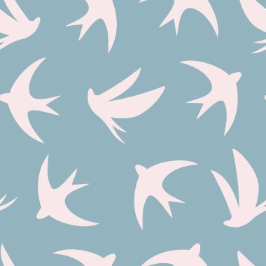Deniz mavisi arkaplanda kuş siluetleri olan kusursuz desen, el çizimi vektör illüstrasyonu