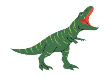 Gülen ve kükreyen dinozor Tyrannosaurus rex, çocuksu bir şekilde çizilmiş. İzole vektör illüstrasyonu