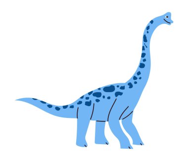 Şirin mavi boyunlu dinozor, Brachiosaurus, el çizimi düz tasarım, çocuksu tarzda. Beyaz arkaplan vektör çiziminde izole