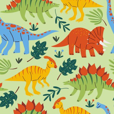 Farklı tarih öncesi dinozorlar ve bitkilerle el çizimi kusursuz bir model, sevimli çocuksu bir arka plan.