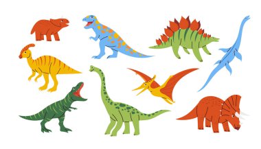 Çocuksu düz dizaynlı sevimli dinozorlar, renkli tarih öncesi yaratıklar. El çizimi izole vektör çizimleri
