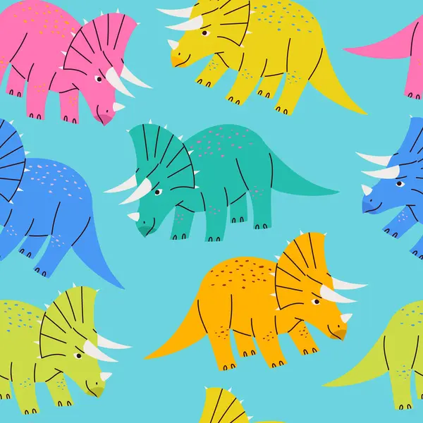 Sevimli ve renkli Triceratops dinazorlarının düz çocuksu dizaynlarıyla el çizimi kusursuz bir model.