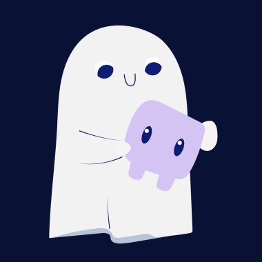 Kafatası tutan küçük hayalet, çocuksu ve ürkütücü Cadılar Bayramı el çizimi vektör çizimi