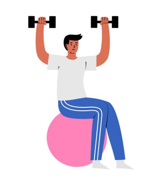 Kişi spor topunun üzerinde dambıllarla egzersiz yapıyor. Rehabilitasyon için fizik tedavi egzersizi. El çizimi vektör çizimi, beyaz üzerine izole