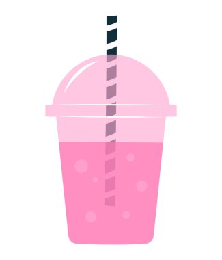 Soda, meyve suyu, buzlu kahve ya da frappuccino ile şirin pembe plastik bardak. El çizimi düz şeffaf içecek kabı çizimi, beyaz üzerine izole edilmiş.