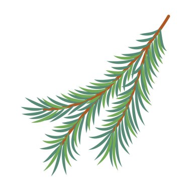 Yeşil iğneli el yapımı ladin dalı. Düz dizayndaki beyaz vektör illüstrasyonunda izole edilmiş