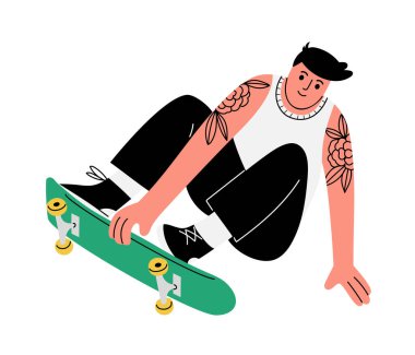 Dövmeli genç, havalı bir erkek kaykayla bir numara yapıyor, atlamaya hazırlanıyor. Düz dizaynlı el çizimi vektör çizimi, beyaz üzerinde izole